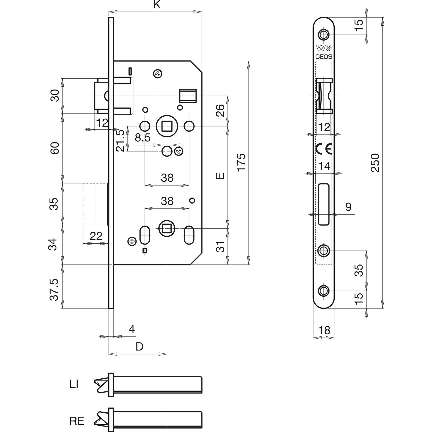 Einstemm-Riegelschloss 61005 tosisch, DM 50 mm, links, Stahl verzinkt